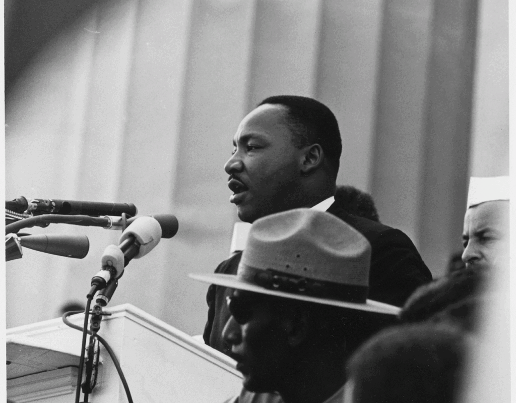 Martin Luther King, Jr. delivering "I Have a Dream" at the 1963 Washington D.C. Civil Rights March.